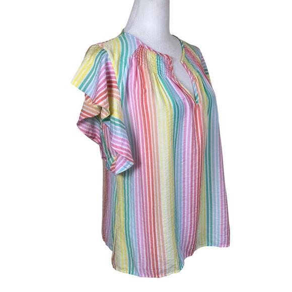 Michelle McDowell Sz M Penelope Pastel Rainbow Striped Smocked Ruffled Top - Picture 8 of 16
